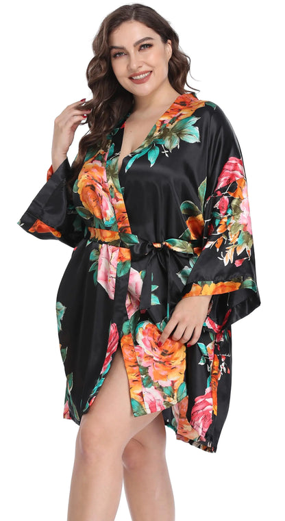 PENGEE Plus Size Floral Satin Kimono Robe